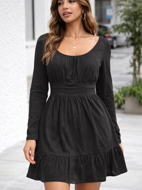 Black Babydoll Mini Dress 🖤 Long Sleeve Flowy Ruffle Hem – Size L